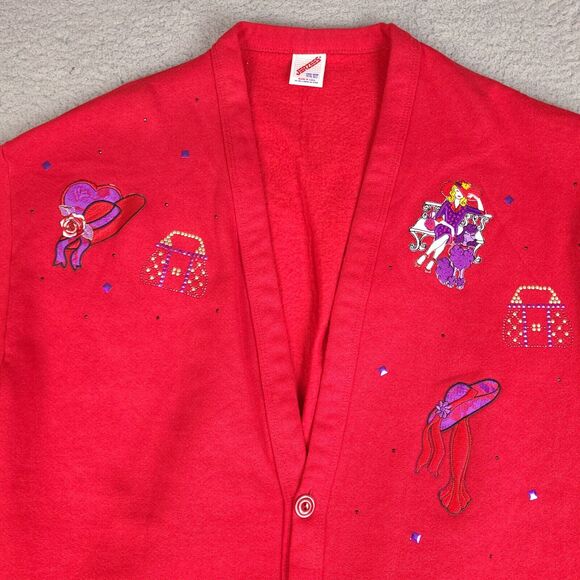 Vintage Jerzees Cardigan Sweater Womens One Size Red Embroidered Lady Poodle‎ - Picture 2 of 15